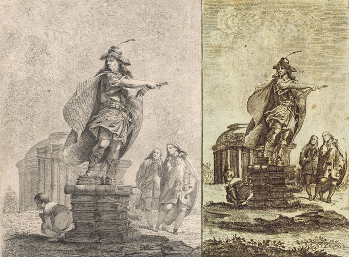 Denckmaal des unsterblichen Autors : links origineel van Rode, rechts kopie van Keller